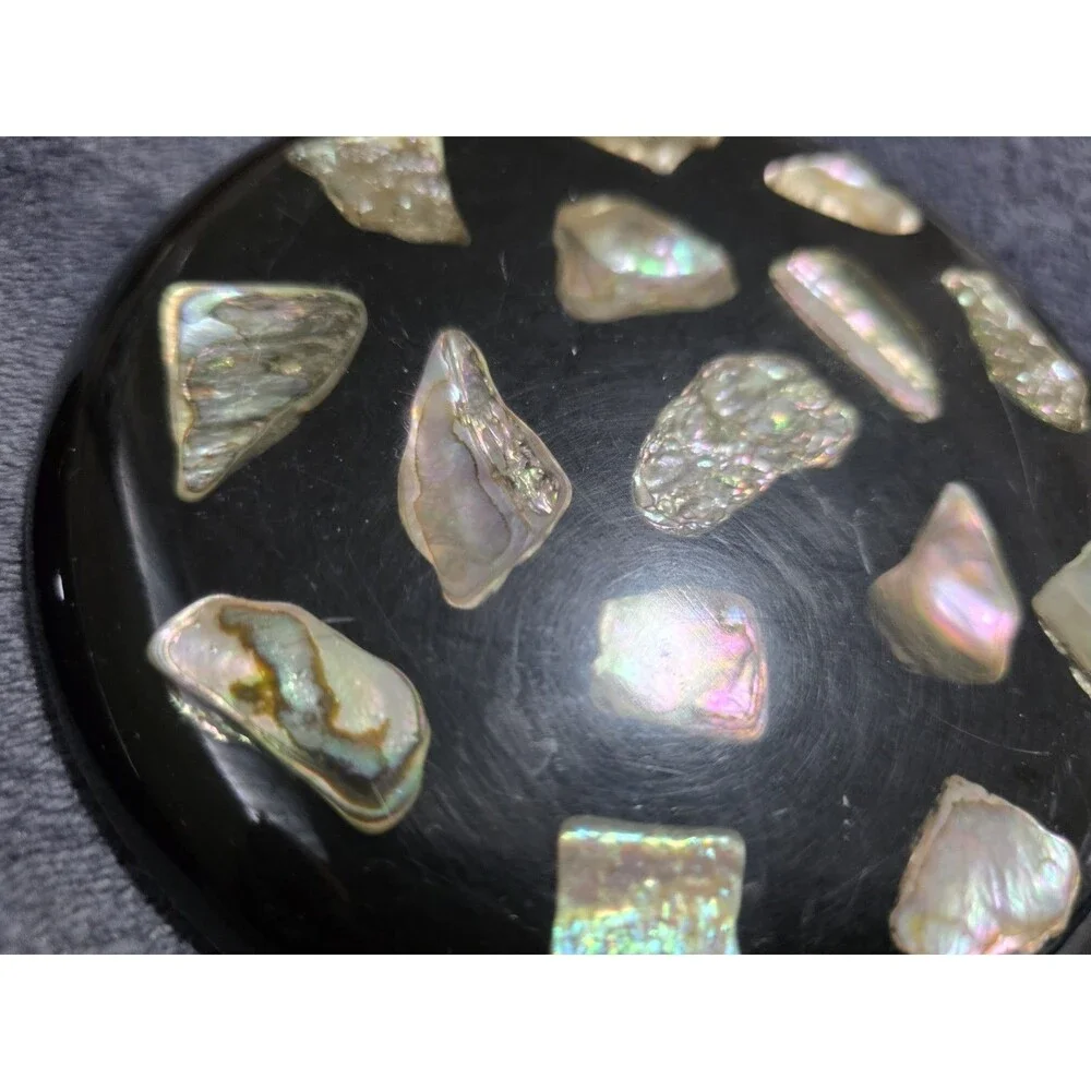 (2) VINTAGE Black Iridescent ABALONE Shell Lucite TRIVET Hot Plate Footed 5